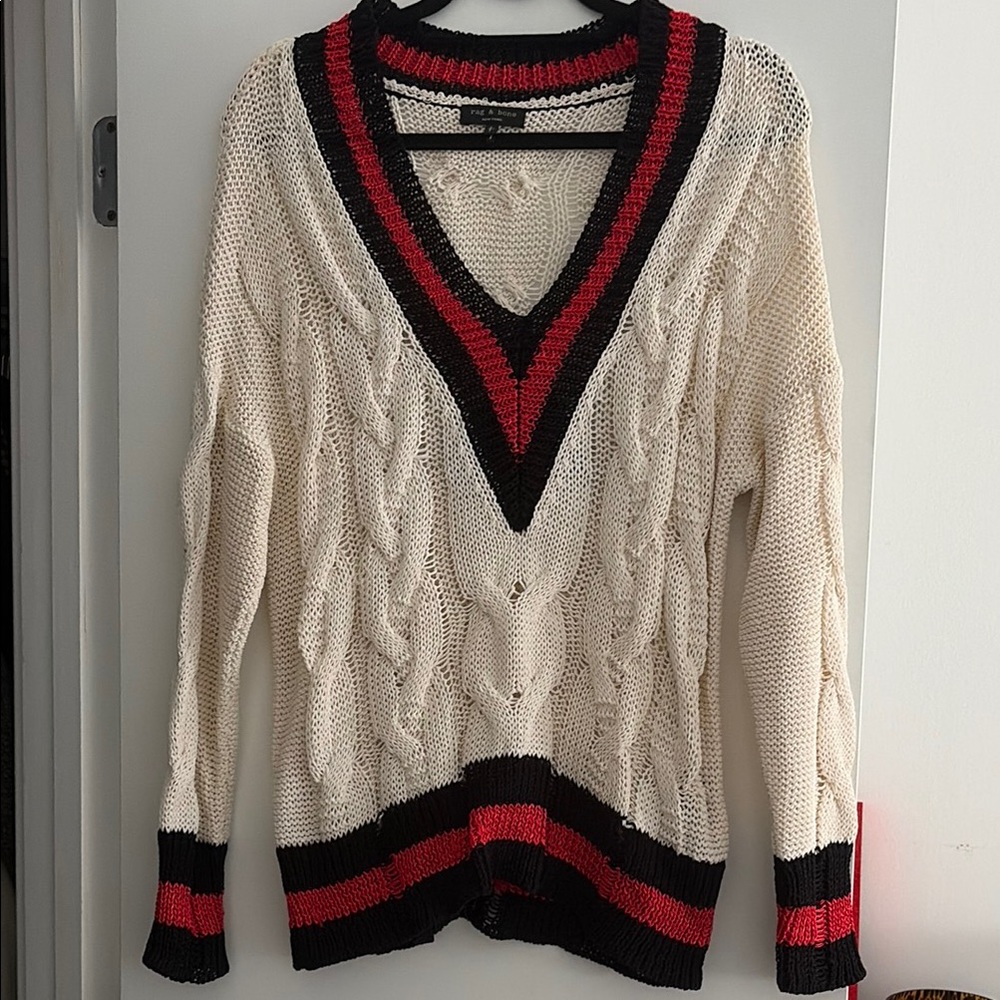 Rag & Bone V-Neck Cable Knit Sweater with Contrast Stripes - Cream, Black & Red